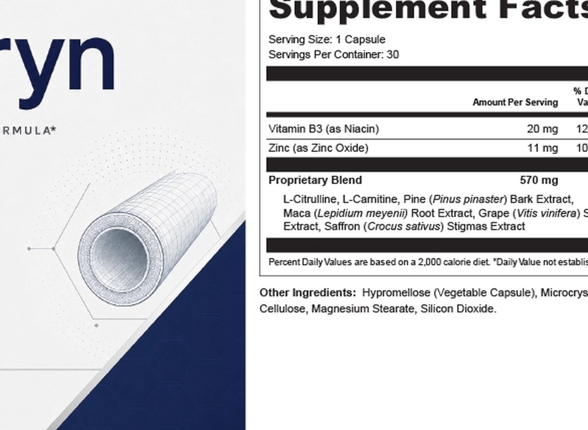 Vasoryn Supplement Facts panel showing niacin, zinc and the 570mg proprietary blend